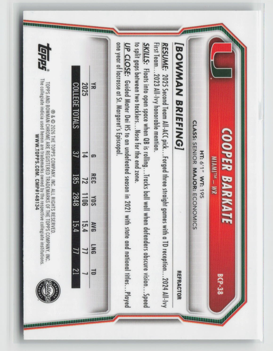 Cooper Barkate 2026 Bowman Chrome University Football Refractor #BCP-38 044/499