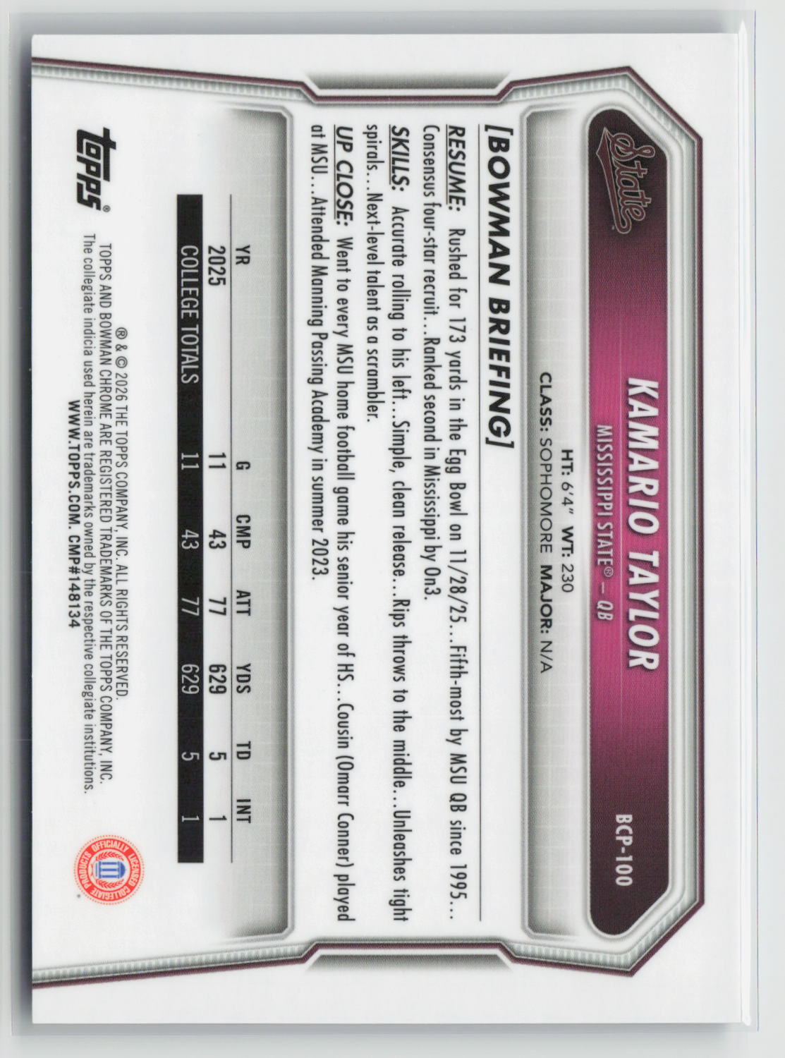 Kamario Taylor 2026 Bowman Chrome U Blue Reptilian Refractor #BCP-100 071/150