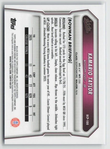 Kamario Taylor 2026 Bowman Chrome U Blue Reptilian Refractor #BCP-100 071/150