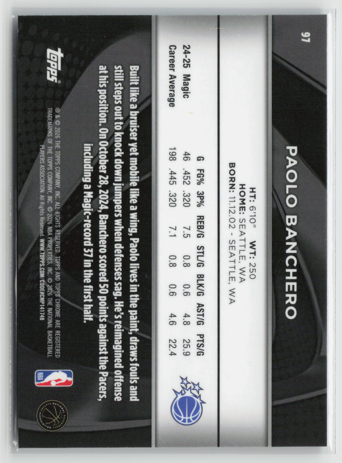 Paolo Banchero 2026 Topps Chrome Black Blue #97 095/150