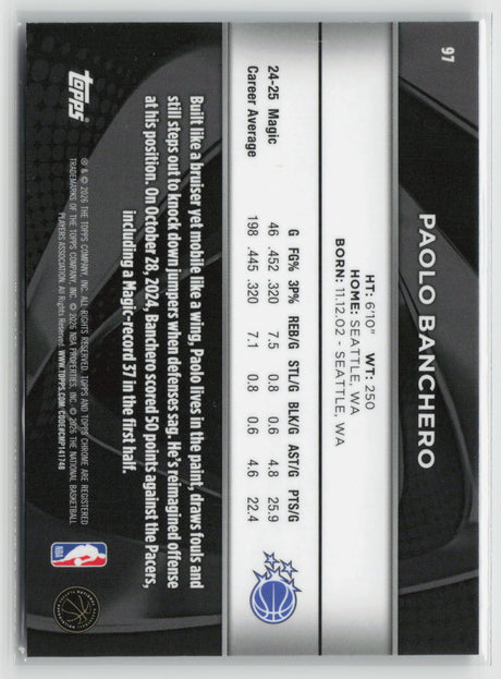 Paolo Banchero 2026 Topps Chrome Black Blue #97 095/150