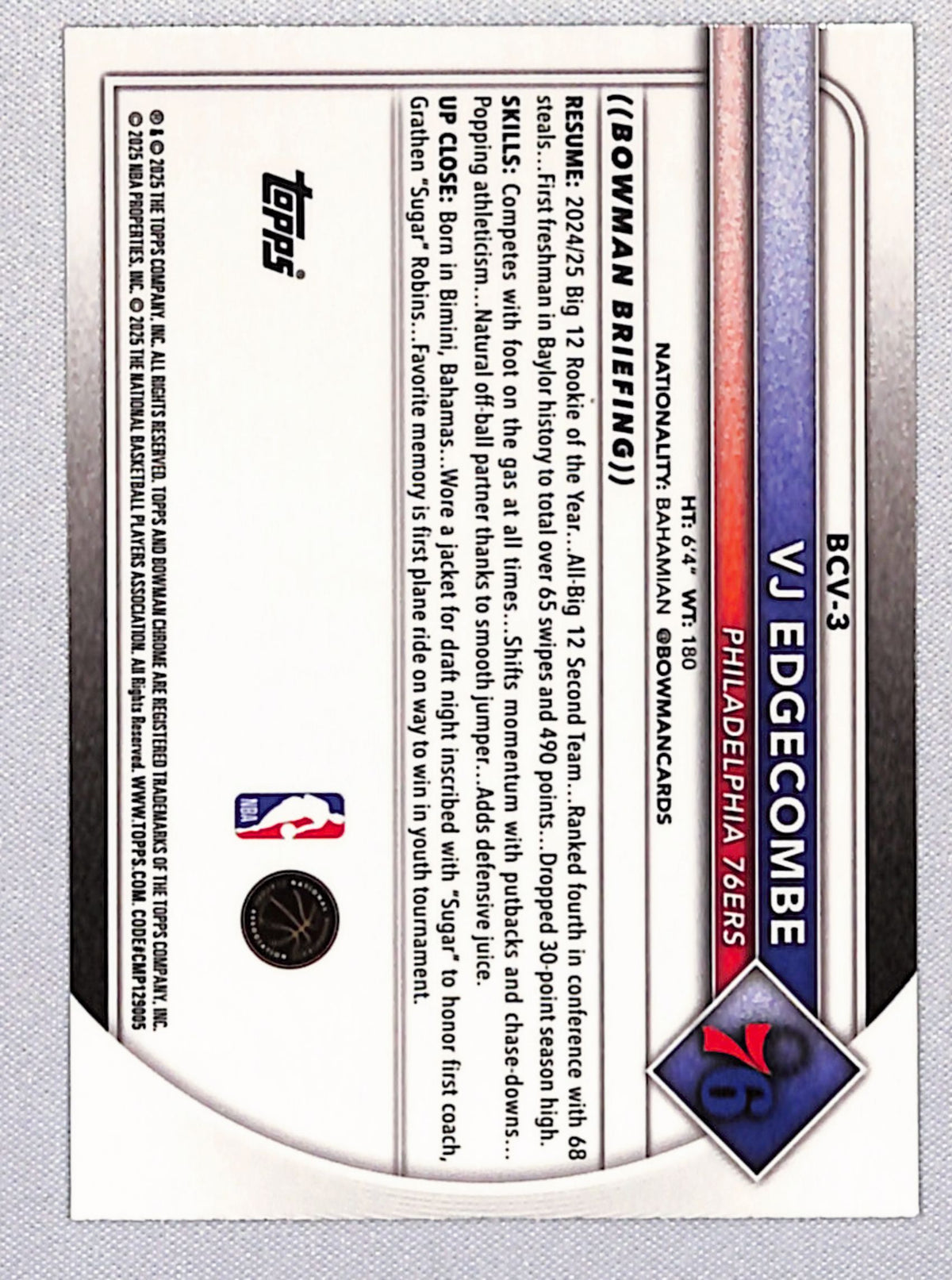 VJ Edgecombe 2025-26 Bowman Chrome Green Refractors #BCV-3 20/99