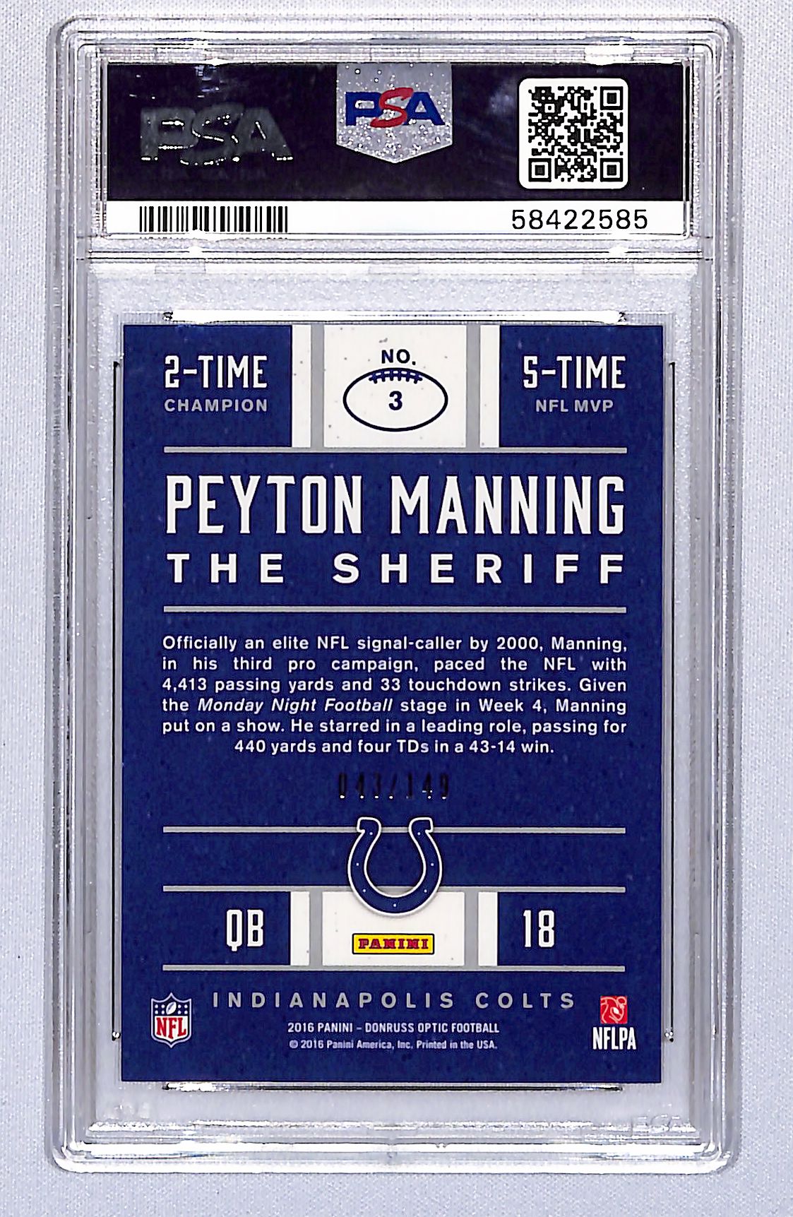Peyton Manning 2016 Panini Donruss The Sheriff Tribute #3 43/149 PSA 10