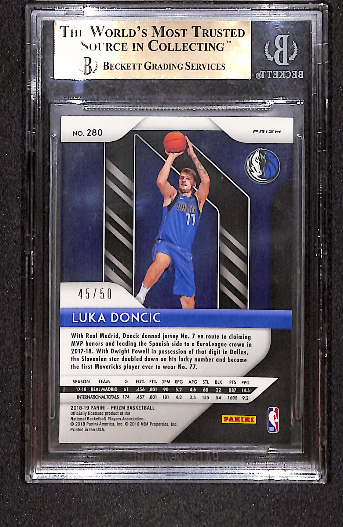Luka Doncic 2018-19 Panini Prizm Prizms Fast Break Pink #280 #/50 BGS 9.5