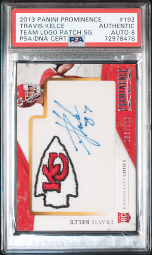 Travis Kelce 2013 Panini Prominence Rookie Team Logo Patch Signatures #192 PSA 8