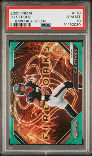 Cj Stroud 2023 Panini Prizm Fireworks Fireworks-Green Prizm #F10 PSA 10