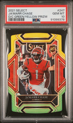 Ja'Marr Chase 2021 Panini Select Green and Yellow Prizm Die Cut #247 PSA 10