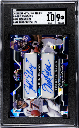John Elway / Terrell Davis AU, SN1 2024 Leaf Metal Signature Series Dual Signatures Crystal Dark Blue #DS-21 /1 SGC 9