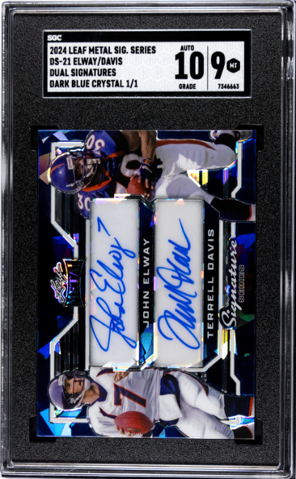John Elway / Terrell Davis AU, SN1 2024 Leaf Metal Signature Series Dual Signatures Crystal Dark Blue #DS-21 /1 SGC 9