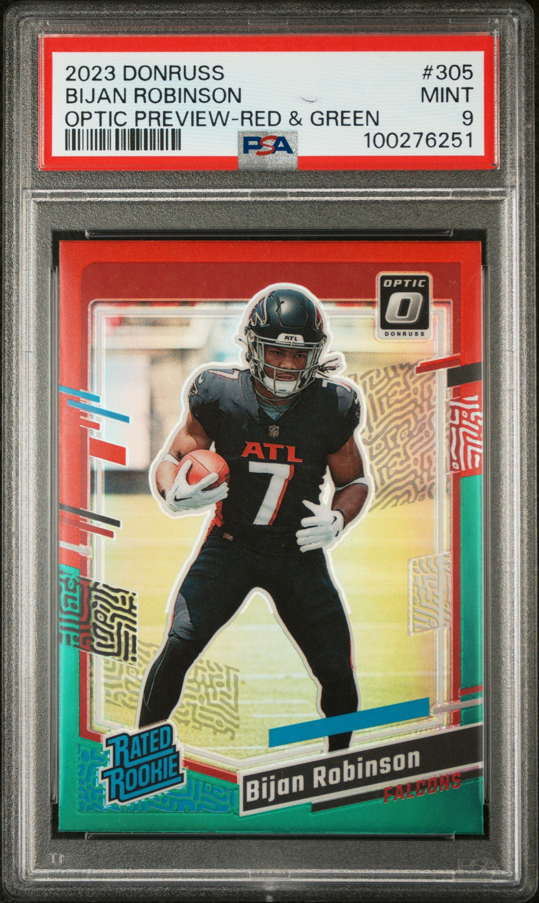 Bijan Robinson 2023 Optic Rated Rookie Preview Red & Green Prizm #305 PSA 9
