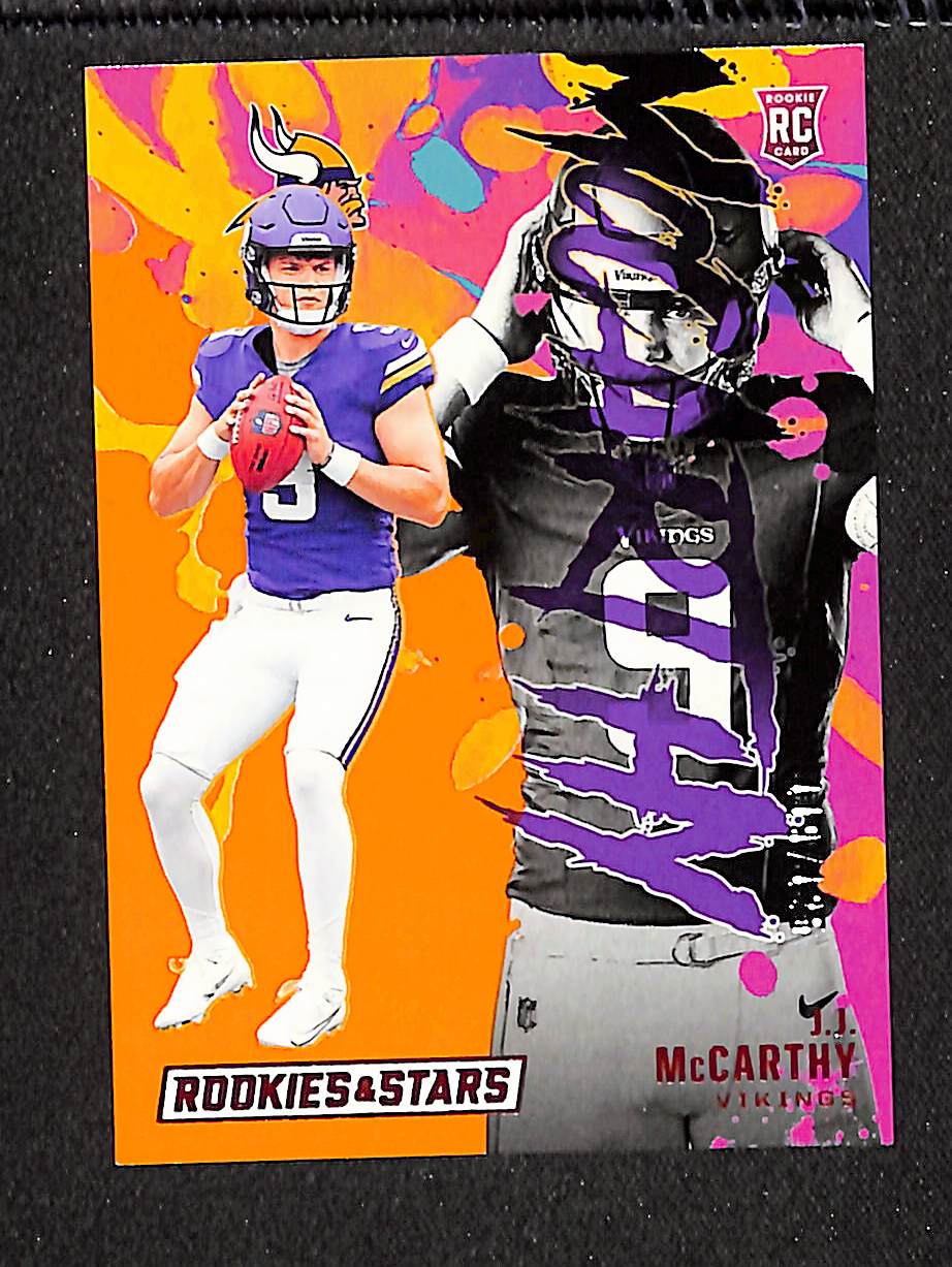 J.J. McCarthy 2024 Panini Rookies & Stars Rookie Exclusive Orange #RE-JMY #/125