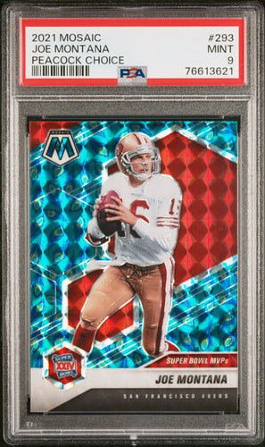 Joe Montana 2021 Panini Mosaic Choice Prizm Peacock #293 PSA 9