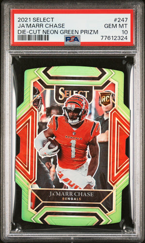 Ja'Marr Chase 2021 Panini Select Neon Green Prizm Die Cut #247 #/349 PSA 10