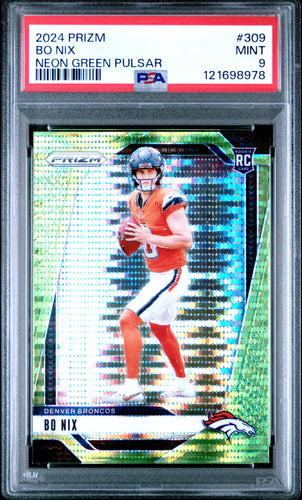 Bo Nix 2024 Panini Prizm Neon Green Pulsar #309 PSA 9