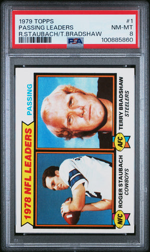 1978 NFL Leaders: Passing Staubach/Bradshaw LL 1979 Topps #1 PSA 8