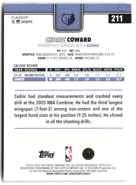 Cedric Coward 2025-26 Topps #211