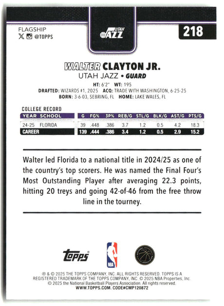 Walter Clayton Jr. 2025-26 Topps #218