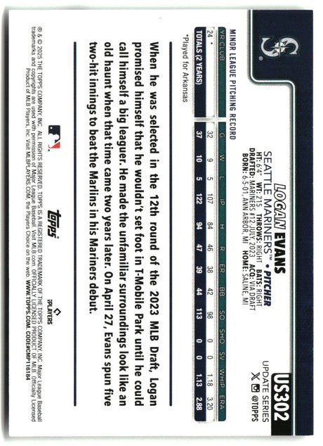Logan Evans 2025 Topps Update #US302