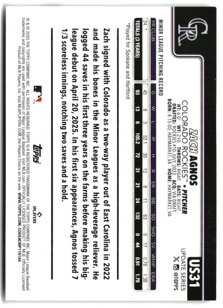 Zach Agnos 2025 Topps Update #US31