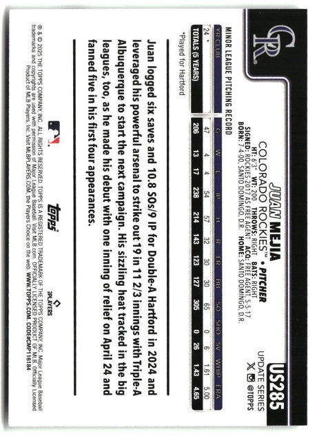 Juan Mejia 2025 Topps Update #US285