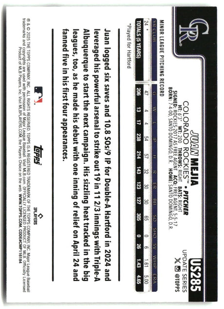 Juan Mejia 2025 Topps Update #US285