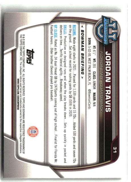 Jordan Travis 2022 Bowman University Chrome #31