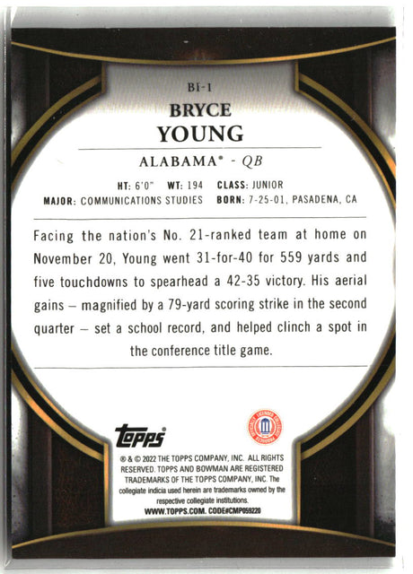 Bryce Young 2022 Bowman University Chrome Invicta #BI-1