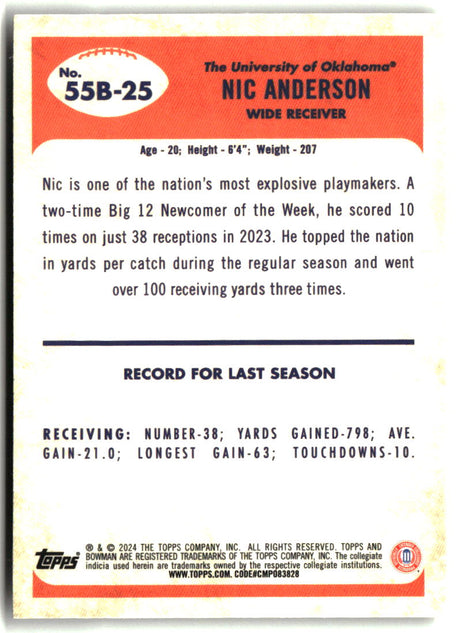 Nic Anderson 2024 Bowman University Chrome 1955 Bowman Football #55B-25