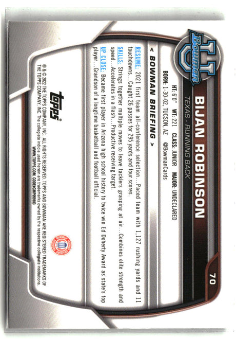 Bijan Robinson 2022 Bowman University Chrome #70
