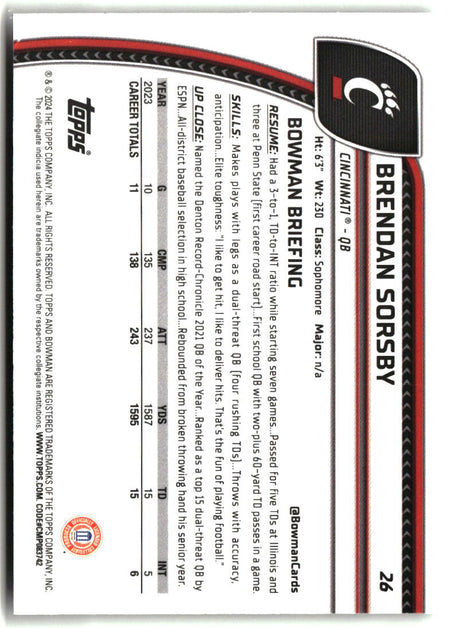 Brendan Sorsby 2024 Bowman University Chrome #26