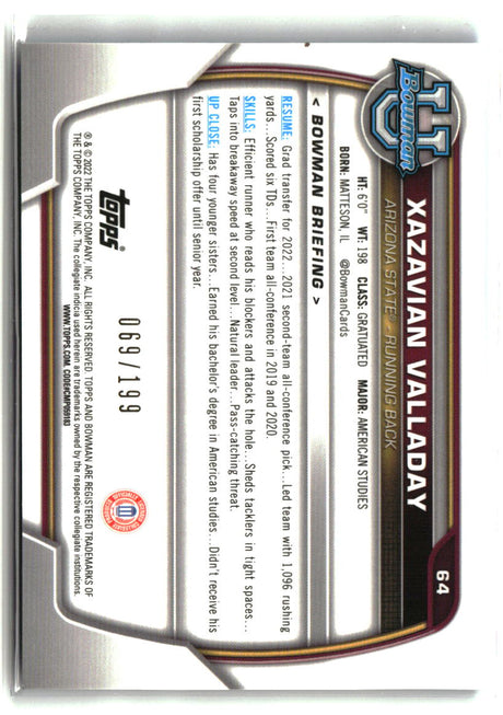 Xazavian Valladay 2022 Bowman University Chrome Blue RayWave Refractor #64 #/199