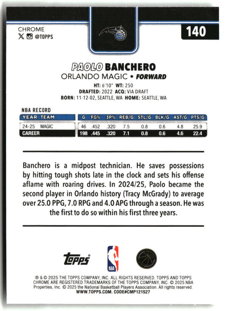 Paolo Banchero 2025-26 Topps Chrome Prism Refractor #140