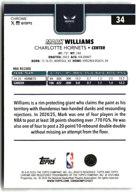 Mark Williams 2025-26 Topps Chrome X-Fractor #34