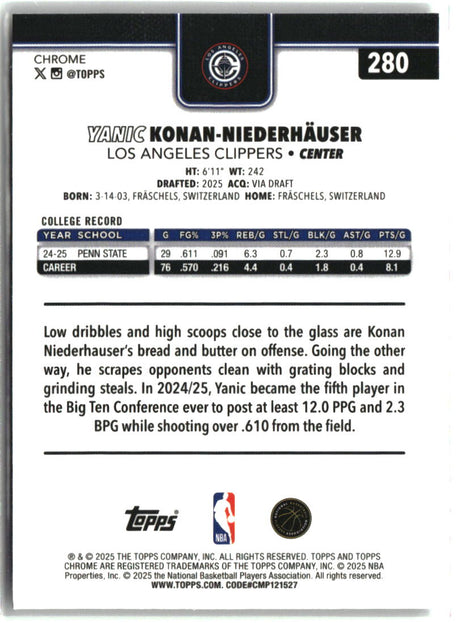 Yanic Konan Niederhäuser 2025-26 Topps Chrome Prism Refractor #280