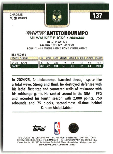Giannis Antetokounmpo 2025-26 Topps Chrome #137