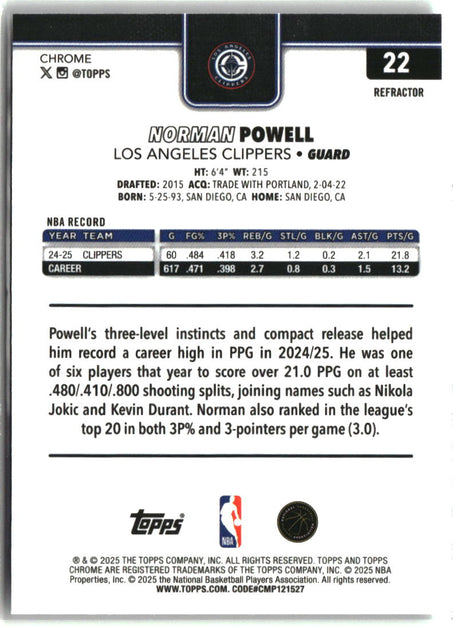 Norman Powell 2025-26 Topps Chrome Refractor #22