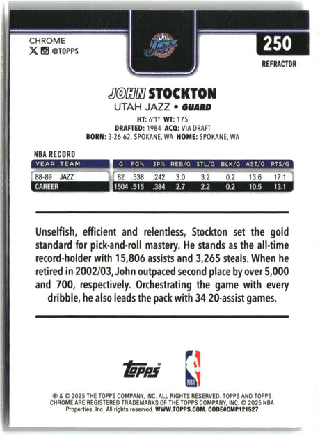 John Stockton 2025-26 Topps Chrome Refractor #250