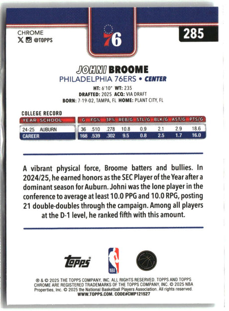 Johni Broome 2025-26 Topps Chrome #285