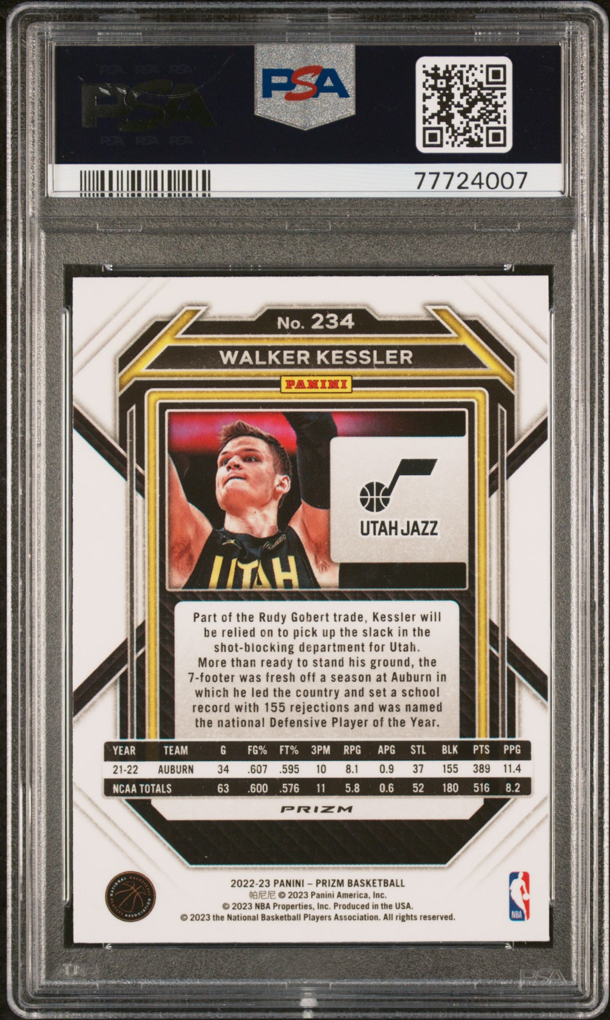 Walker Kessler 2022-23 Panini Prizm Prizms Red Ice #234 PSA 10