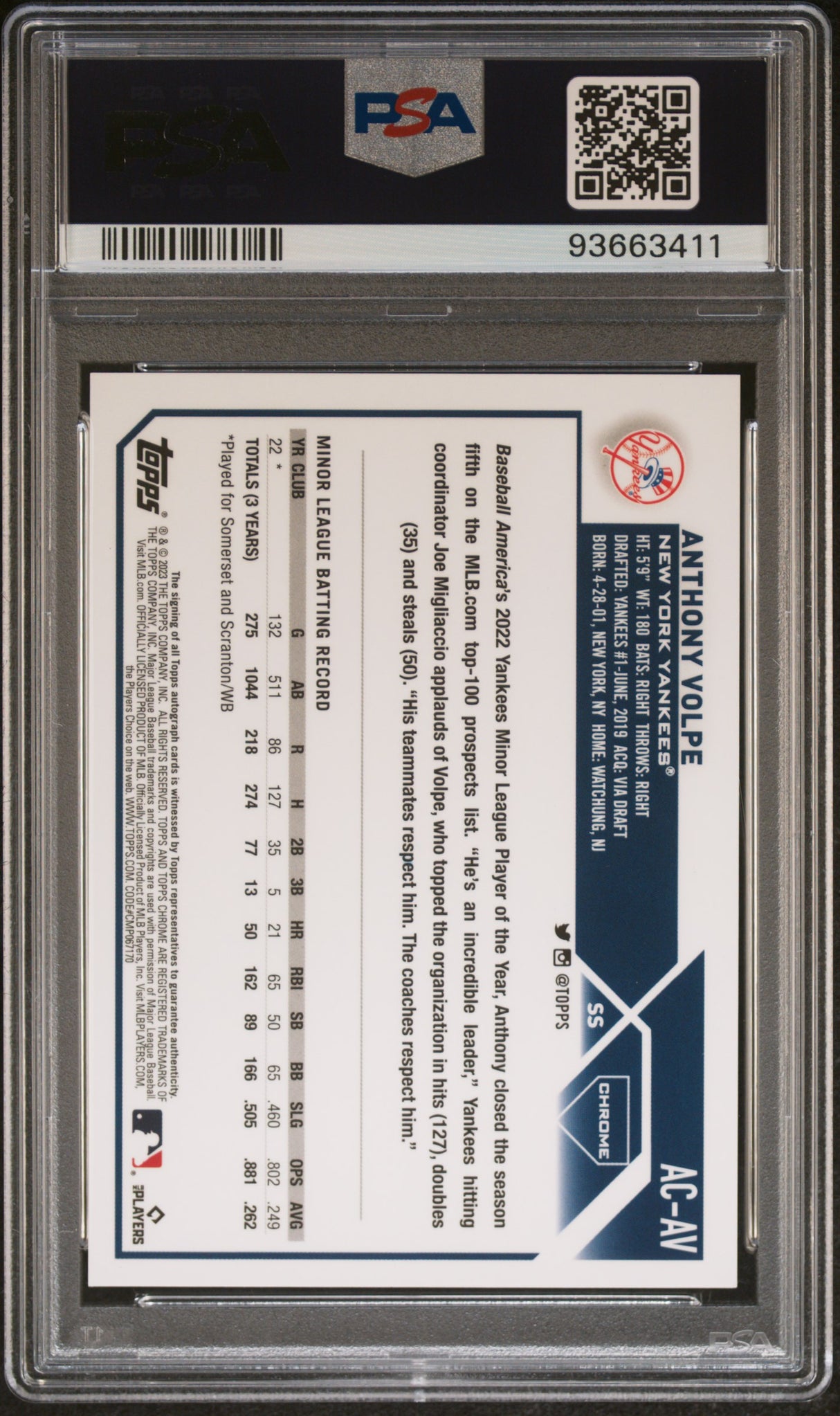Anthony Volpe 2023 Topps Chrome Update Autographs #AC-AV PSA 10