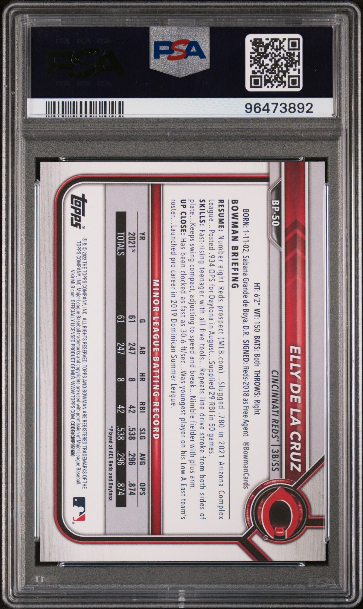 Elly De La Cruz 2022 Bowman Prospects Gold #BP-50 #/50 PSA 8