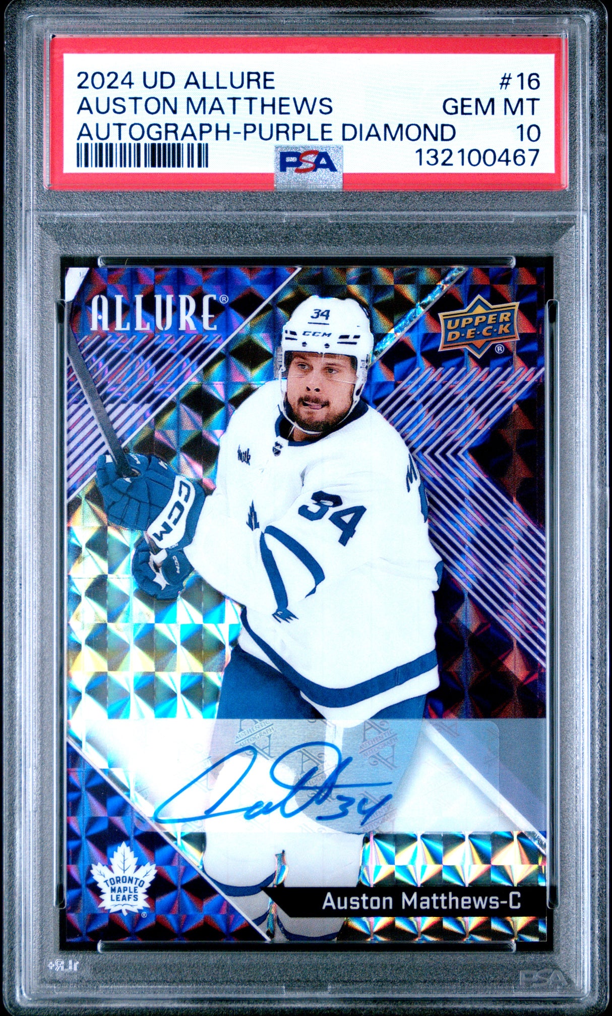 Auston Matthews 2024-25 Upper Deck Allure Auto Purple Diamond #16 #/10 PSA 10