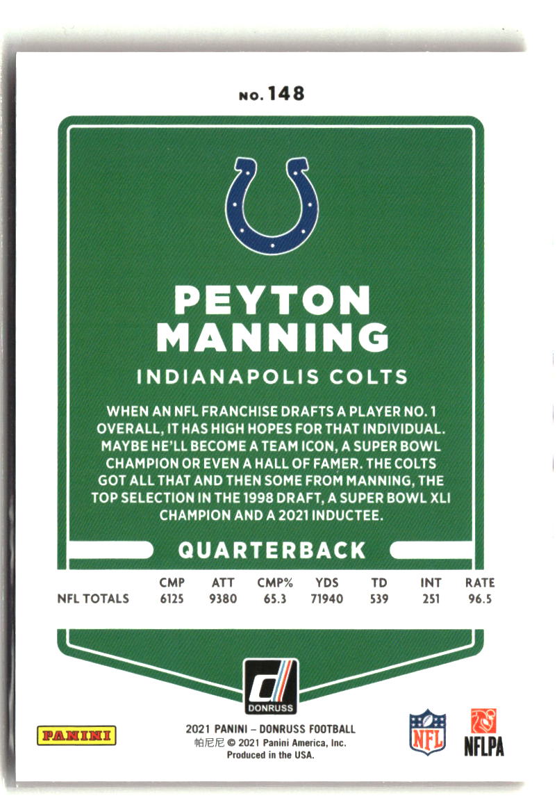 Peyton Manning 2021 Donruss Press Proof Red No Helmet #148b