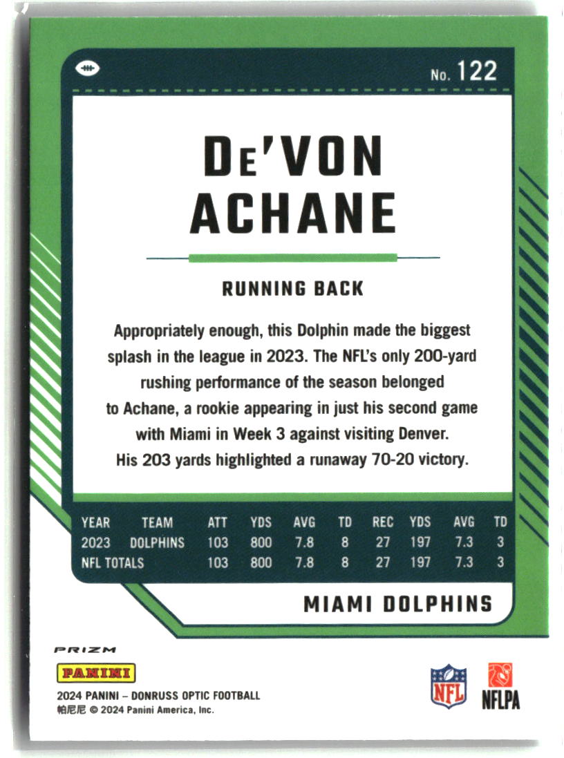 De'Von Achane 2024 Donruss Optic Holo #122