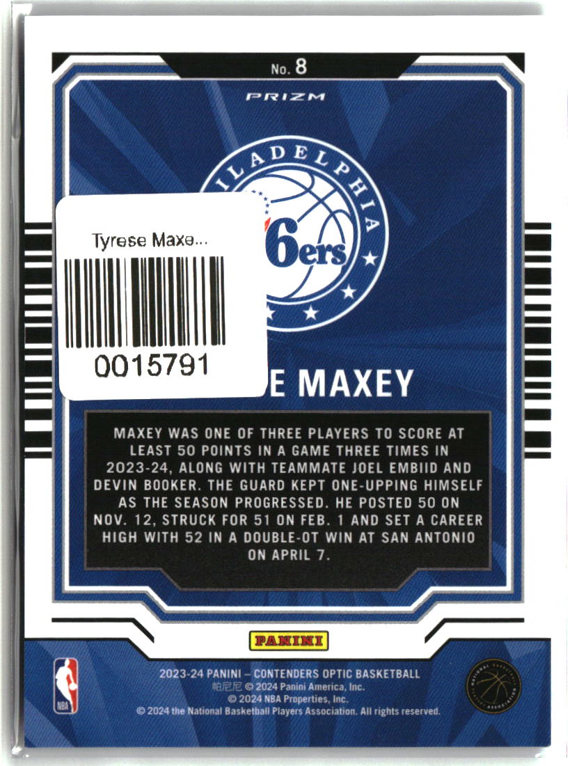 Tyrese Maxey 2023-24 Panini Contenders Optic Playing the Numbers Game #8