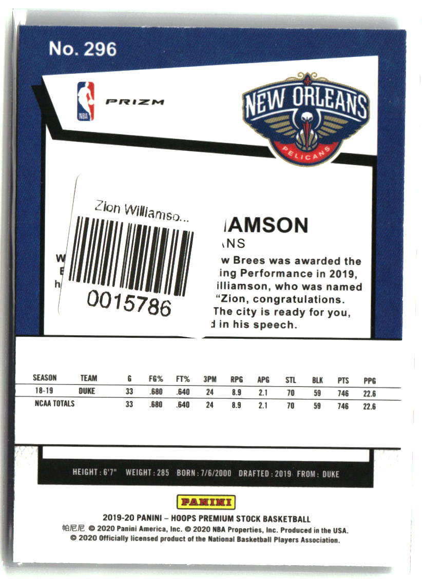Zion Williamson 2019-20 Hoops Premium Stock Prizms Silver Laser #296