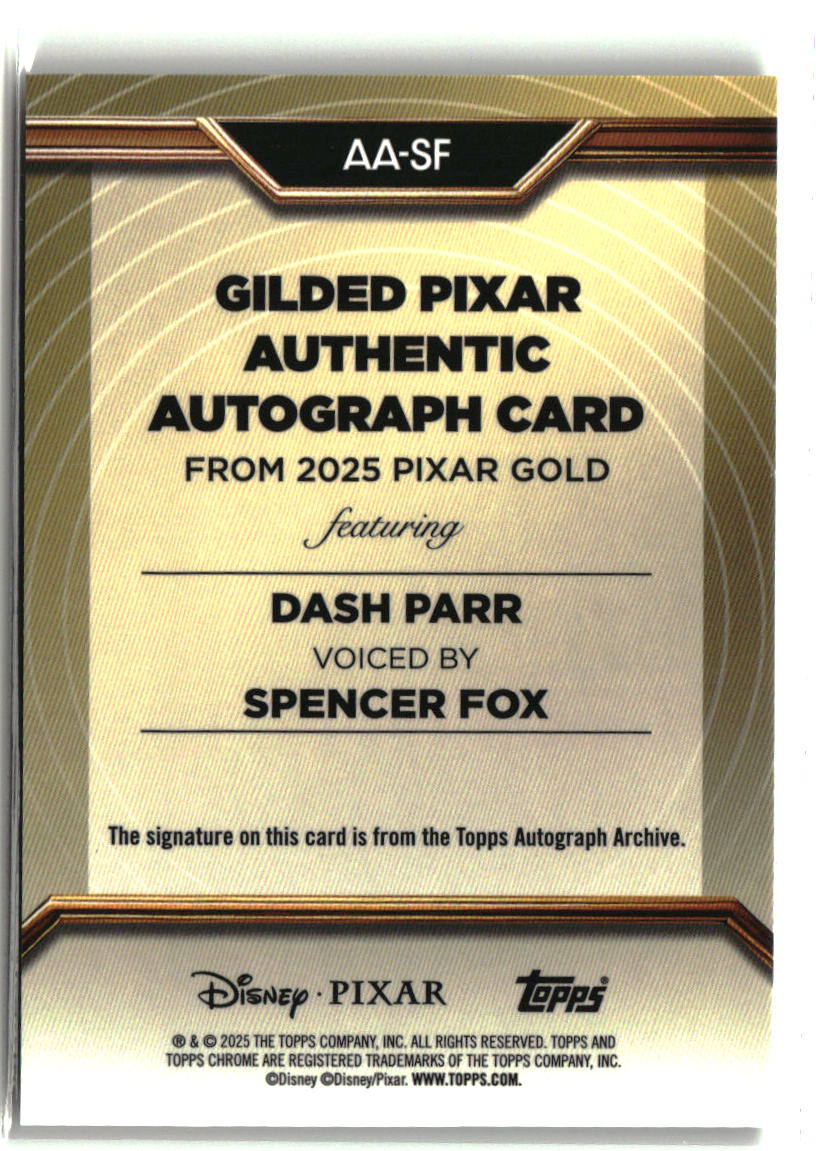 Spencer Fox 2025 Topps Pixar Gold Gilded Chrome Refractor Autographs #AA-SF