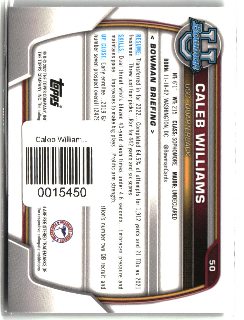 Caleb Williams 2022 Bowman University Chrome #50