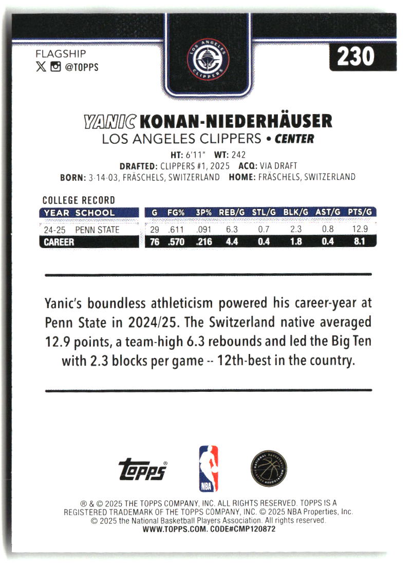 Yanic Konan-Niederhäuser 2025-26 Topps #230