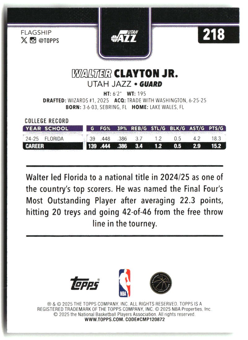 Walter Clayton Jr. 2025-26 Topps #218